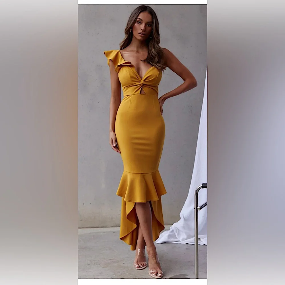 WOMEN’S RUFFLE STRAP TWIST BUST DRESS MUSTARD - XS - Picture 1 of 8
